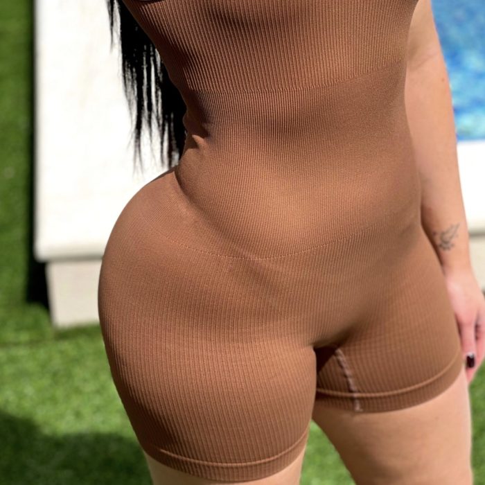 Ribbed Short Jumpsuit Brown